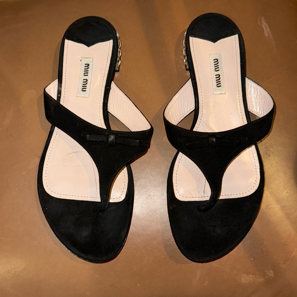 Miu miu black suede crystal flat heel sandals